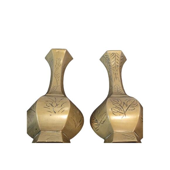 Vintage Chinese Brass Etched Vase Set of 2 Qing Dynasty Style 8" - Picture 5 of 8